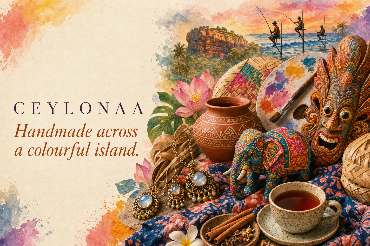 A colourful Sri Lankan craft collage with batik, pottery, weaving, art, jewelry and tea