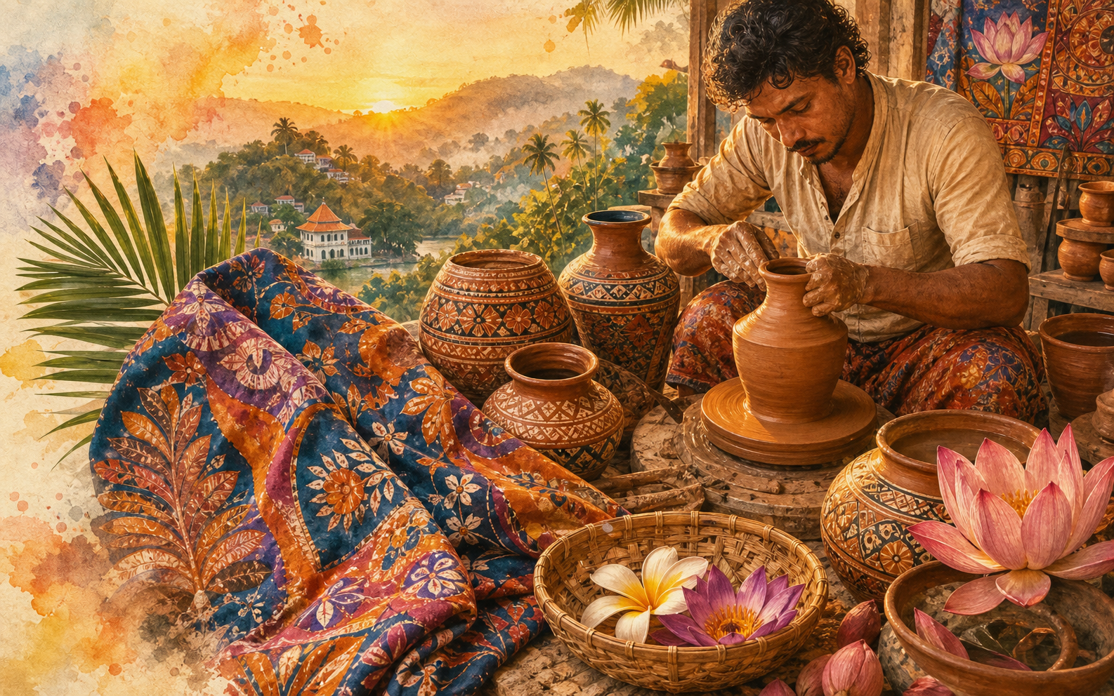 Colourful handmade Sri Lankan pottery and batik