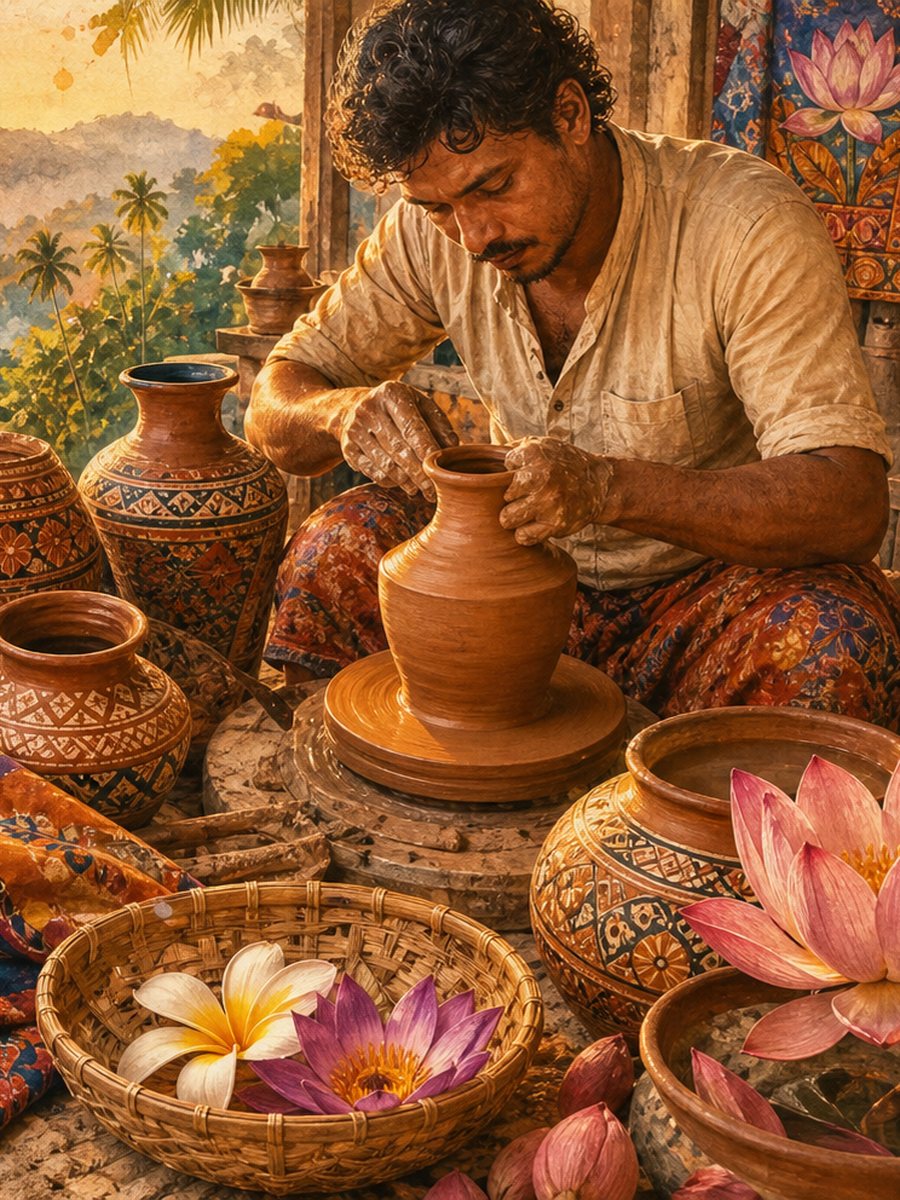 A potter throwing a clay pot at his wheel above the Kandy hills, with batik cloth and lotus around him