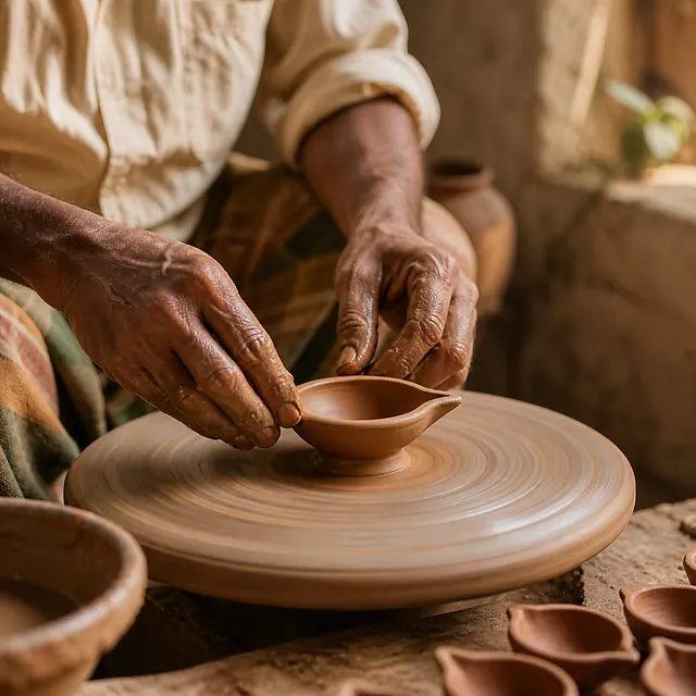 A potter shaping a clay oil lamp on the wheel