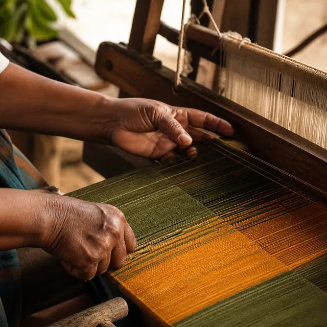 Hands at a wooden handloom, green and gold thread on the warp